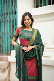 Maroon & Green Ethnic Kurta Set for Women with Dupatta Traditional Festive Wear