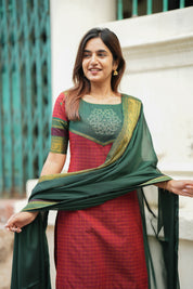 Maroon & Green Ethnic Kurta Set for Women with Dupatta Traditional Festive Wear