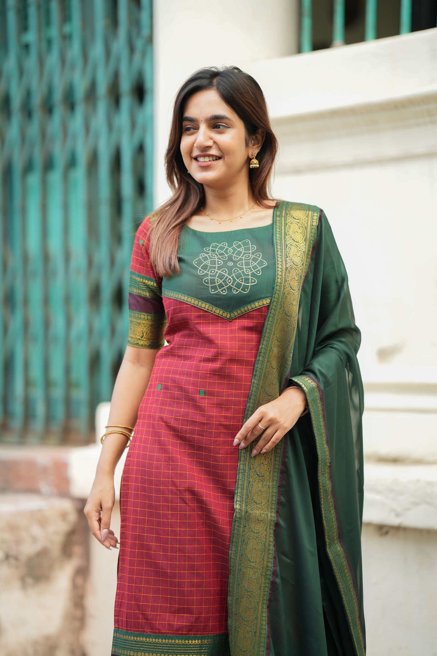 Maroon & Green Ethnic Kurta Set for Women with Dupatta Traditional Festive Wear