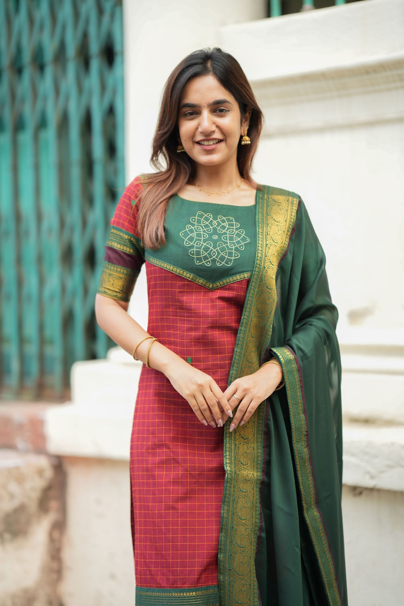 Maroon & Green Ethnic Kurta Set for Women with Dupatta Traditional Festive Wear