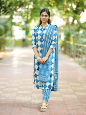 Blue Handblock Printed Kurti Pant Set with Dupatta Elegant Cotton Ethnic Wear for Women
