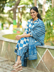 Blue Handblock Printed Kurti Pant Set with Dupatta Elegant Cotton Ethnic Wear for Women