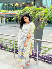 Yellow Floral Printed Kurti Pant Set with Dupatta Elegant Cotton Ethnic Wear for Women
