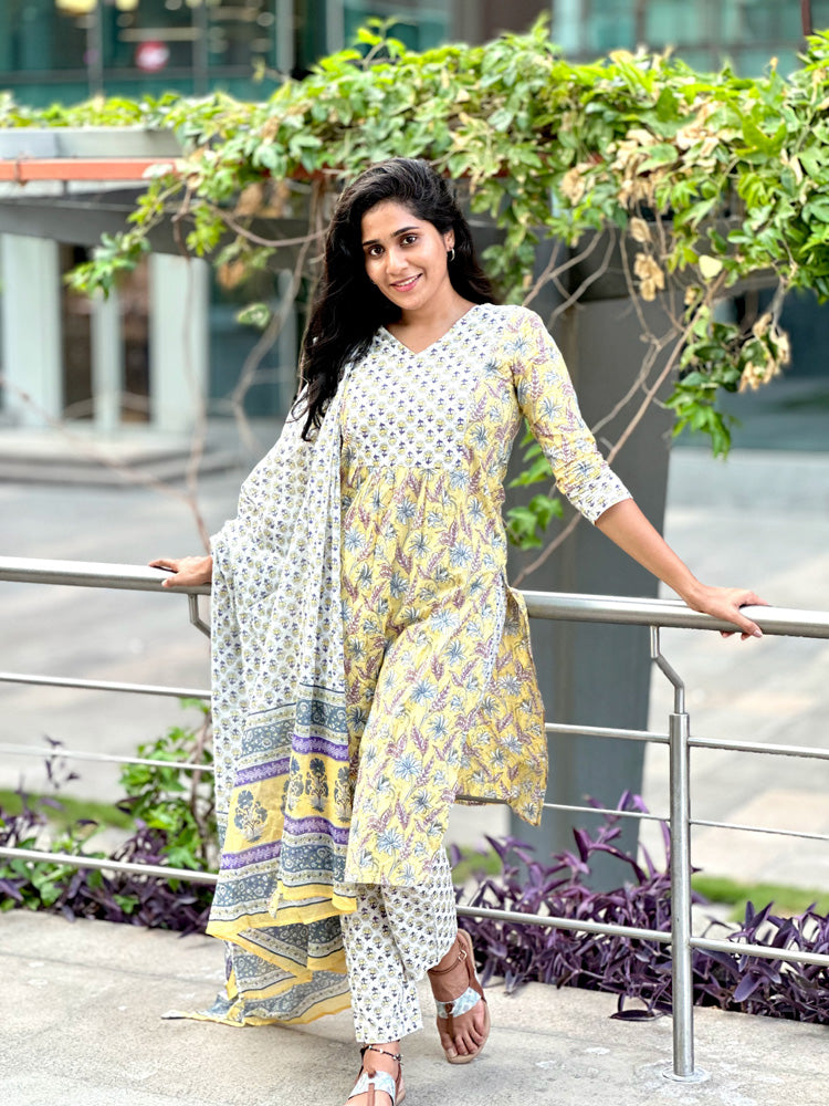 Yellow Floral Printed Kurti Pant Set with Dupatta Elegant Cotton Ethnic Wear for Women