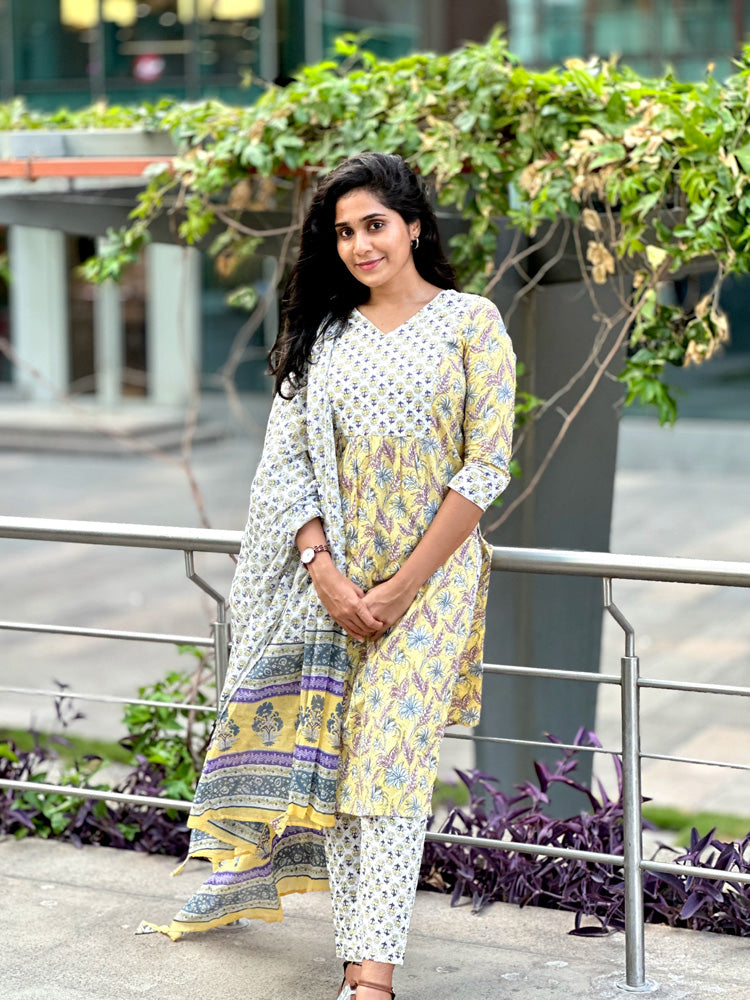 Yellow Floral Printed Kurti Pant Set with Dupatta Elegant Cotton Ethnic Wear for Women