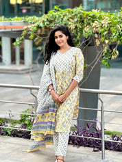 Yellow Floral Printed Kurti Pant Set with Dupatta Elegant Cotton Ethnic Wear for Women