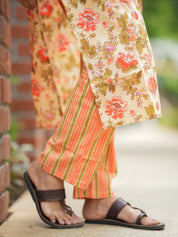 Cream Floral Printed Kurta Pant Set for Women Elegant Everyday Ethnic Wear