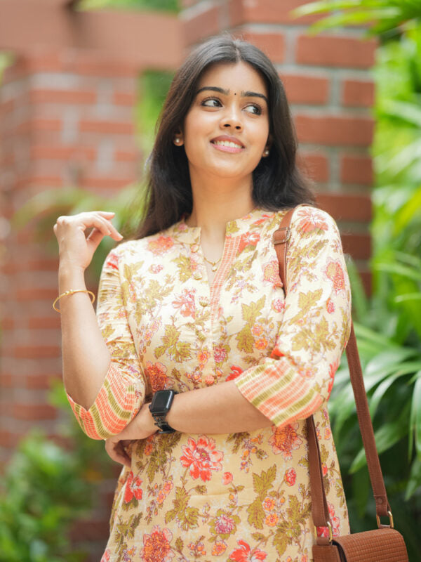 Cream Floral Printed Kurta Pant Set for Women Elegant Everyday Ethnic Wear
