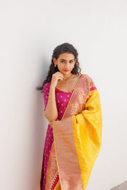 Pink Ethnic Kurta Set for Women with Yellow Banarasi Dupatta Festive Traditional Wear