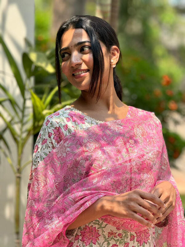 TheHandStitch Floral Printed Kurti Pant Set with Pink Dupatta | Elegant Cotton Ethnic Wear for Women