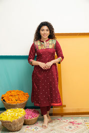 Maroon Designer Kurta Set for Women Festive Ethnic Wear with Printed Yoke