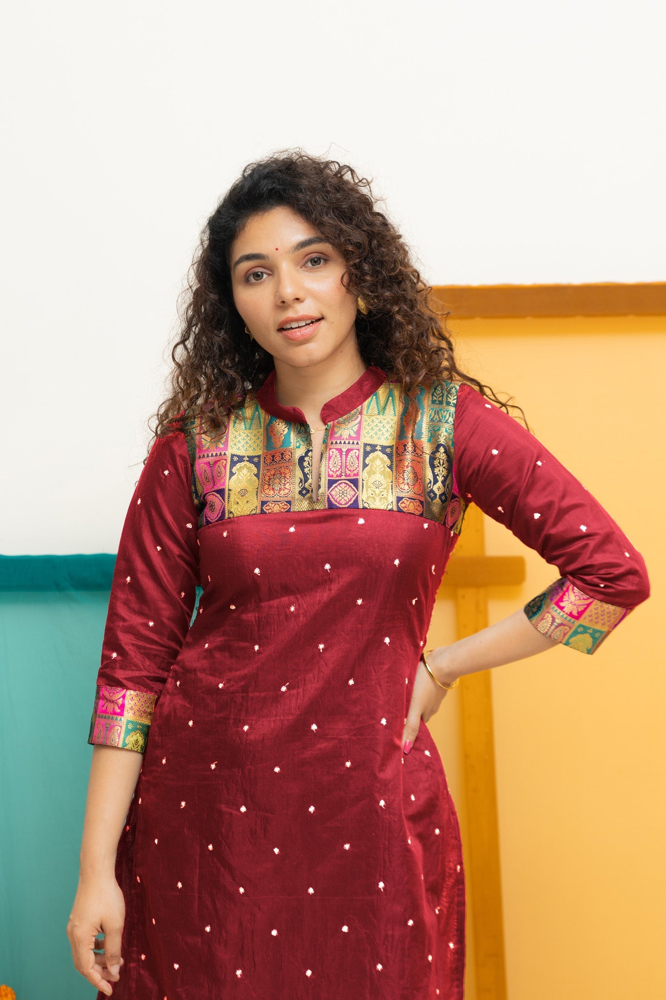 Maroon Designer Kurta Set for Women Festive Ethnic Wear with Printed Yoke