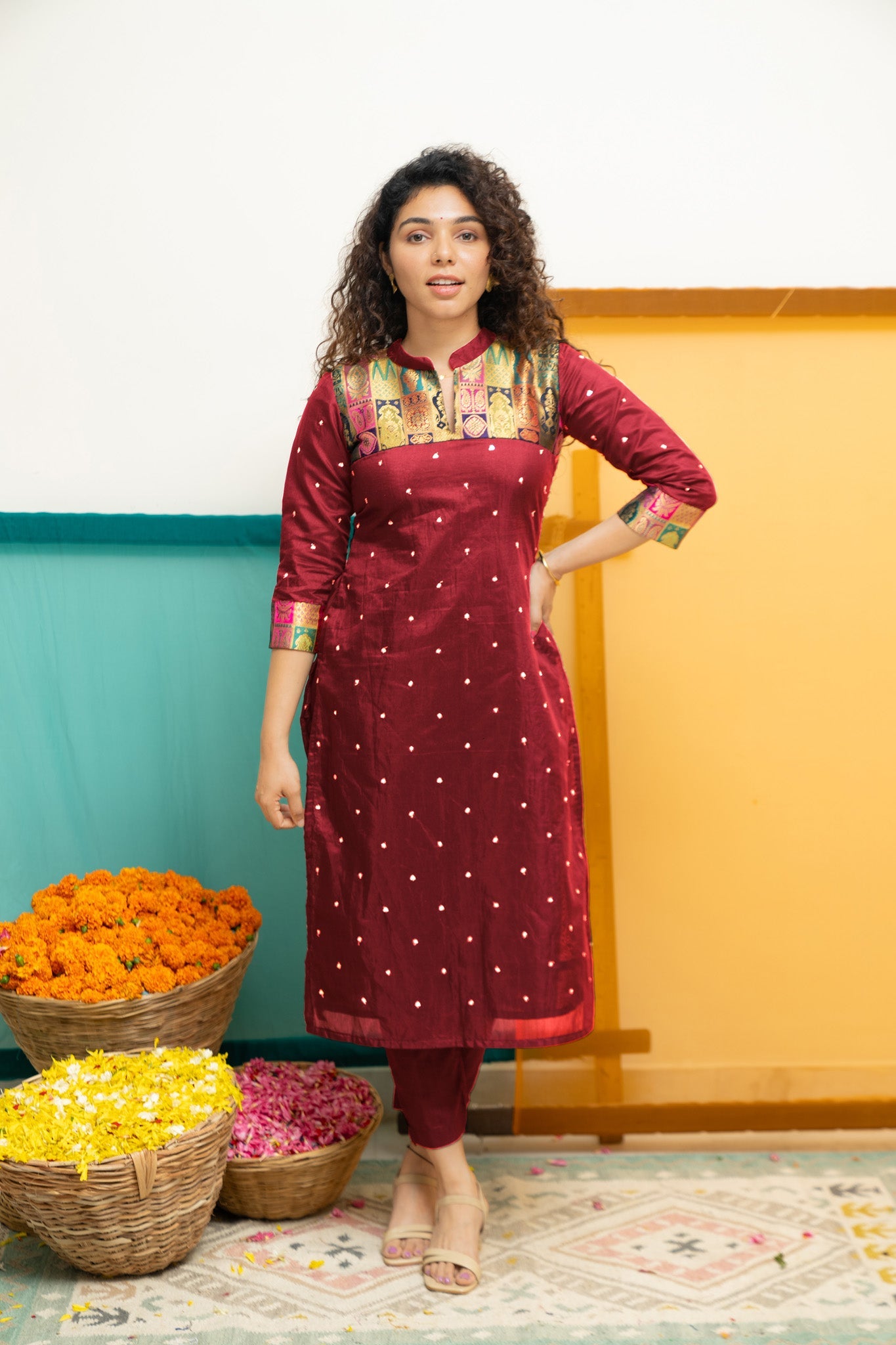 Maroon Designer Kurta Set for Women Festive Ethnic Wear with Printed Yoke