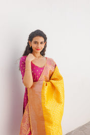 Pink Ethnic Kurta Set for Women with Yellow Banarasi Dupatta Festive Traditional Wear