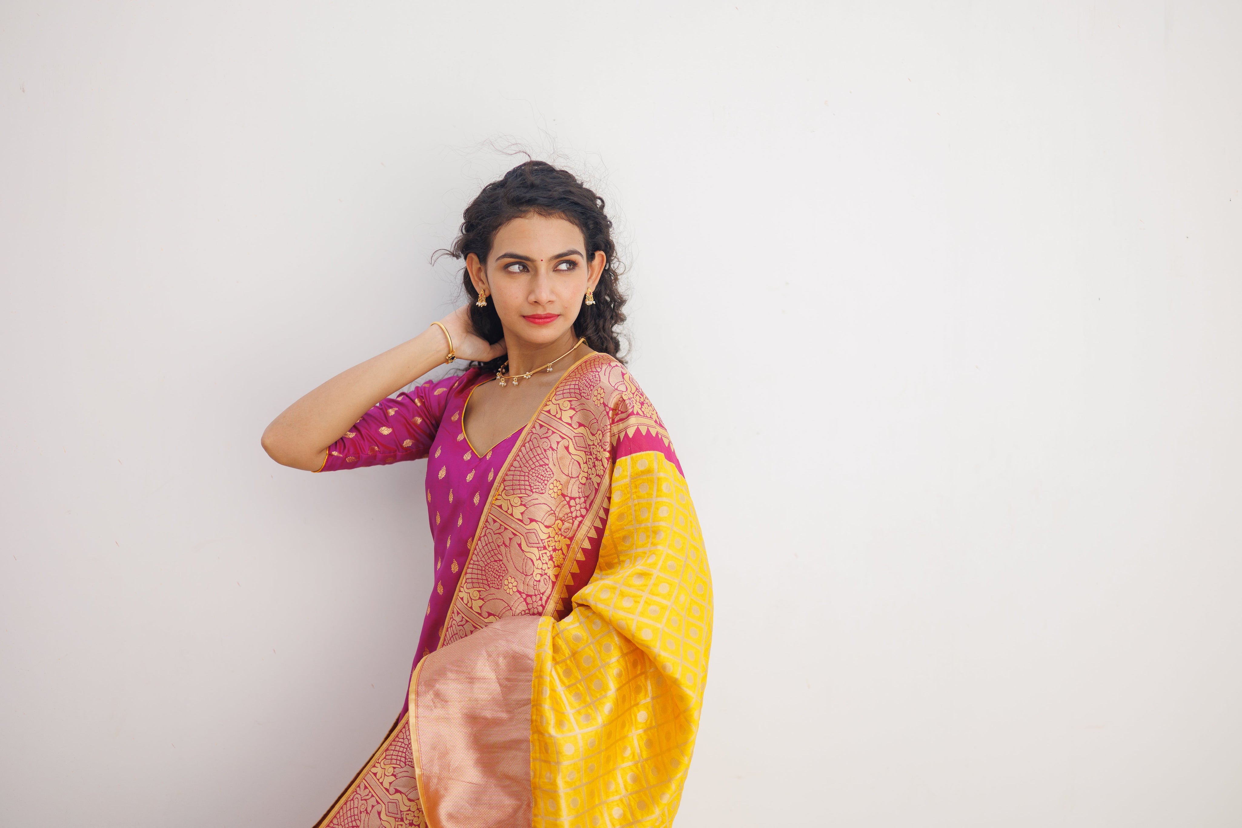 Pink Ethnic Kurta Set for Women with Yellow Banarasi Dupatta Festive Traditional Wear
