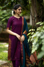 Purple Silk Kurta Set for Women Traditional Ethnic Suit with Contrast Dupatta