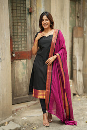 Black Silk Kurta Set for Women with Pink Dupatta Traditional Festive Ethnic Wear