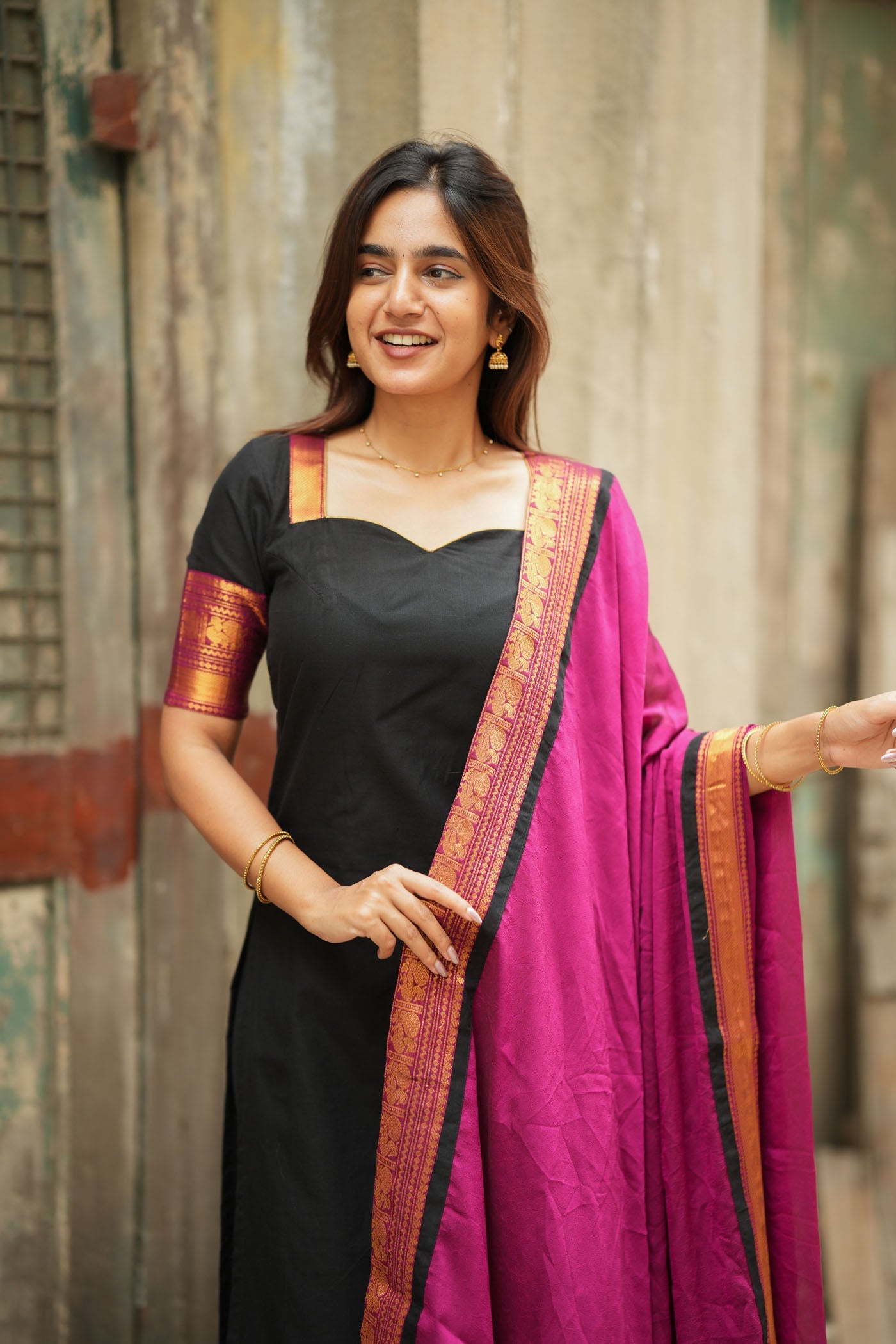 Black Silk Kurta Set for Women with Pink Dupatta Traditional Festive Ethnic Wear