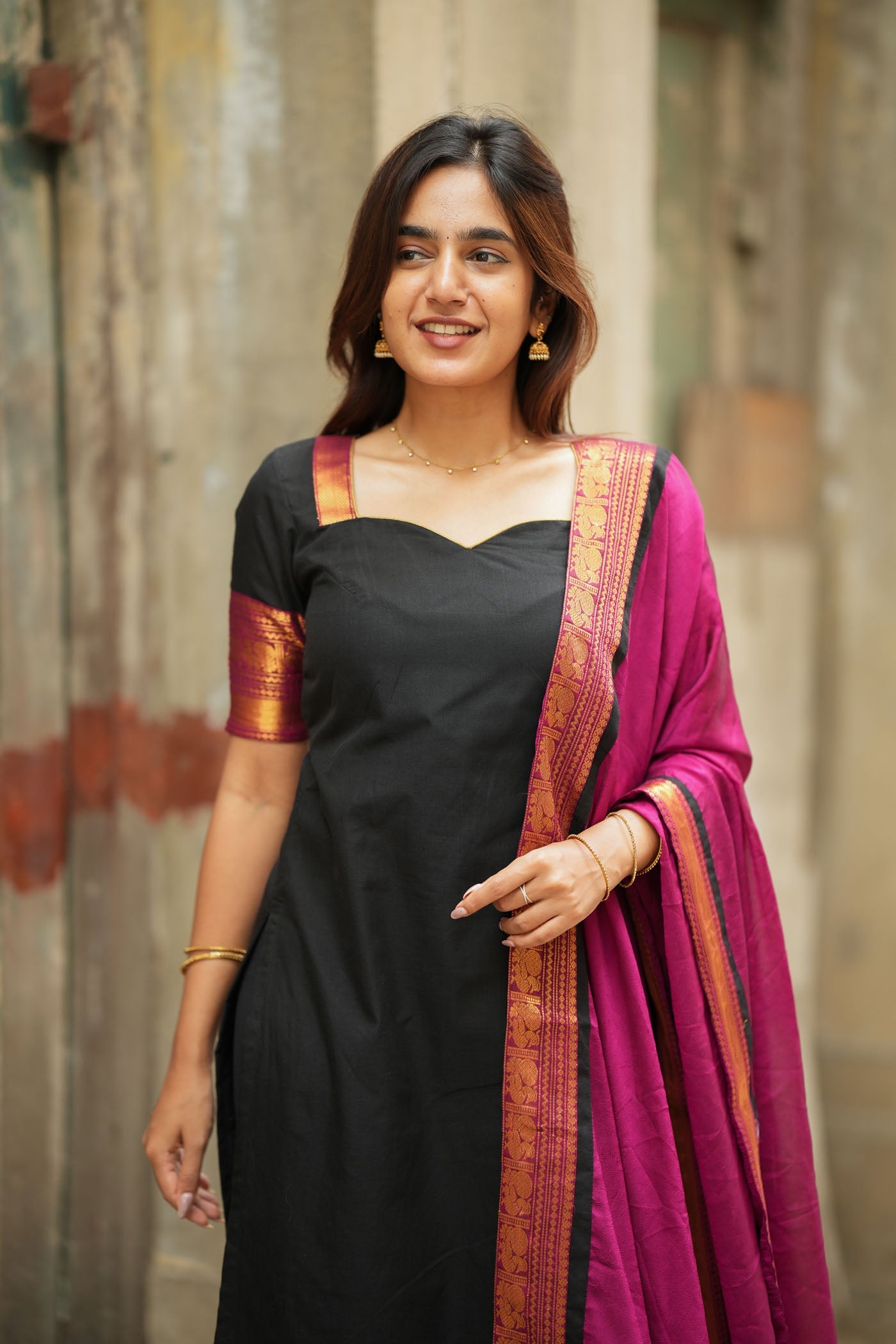 Black Silk Kurta Set for Women with Pink Dupatta Traditional Festive Ethnic Wear