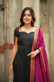 Black Silk Kurta Set for Women with Pink Dupatta Traditional Festive Ethnic Wear
