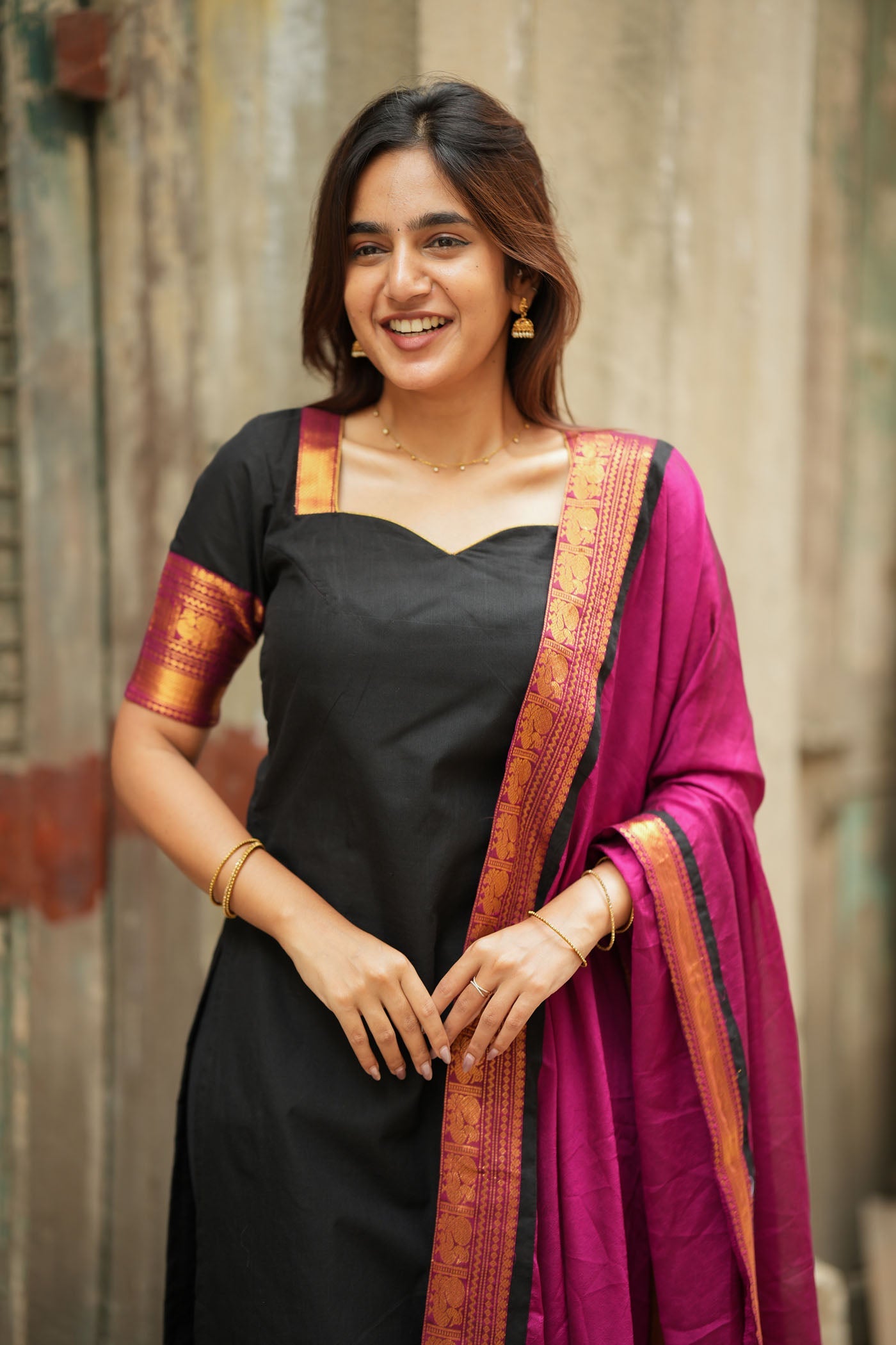 Black Silk Kurta Set for Women with Pink Dupatta Traditional Festive Ethnic Wear