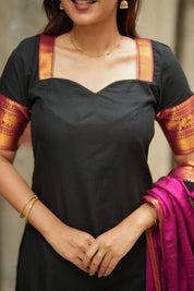 Black Silk Kurta Set for Women with Pink Dupatta Traditional Festive Ethnic Wear