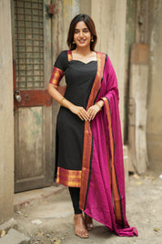 Black Silk Kurta Set for Women with Pink Dupatta Traditional Festive Ethnic Wear