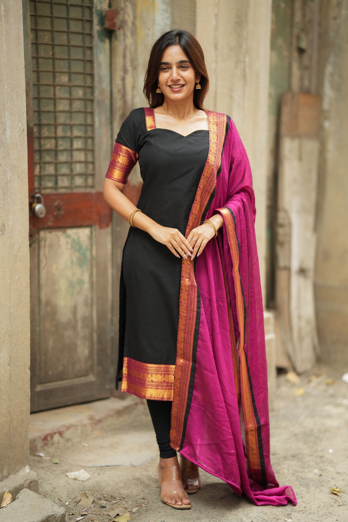 Black Silk Kurta Set for Women with Pink Dupatta Traditional Festive Ethnic Wear