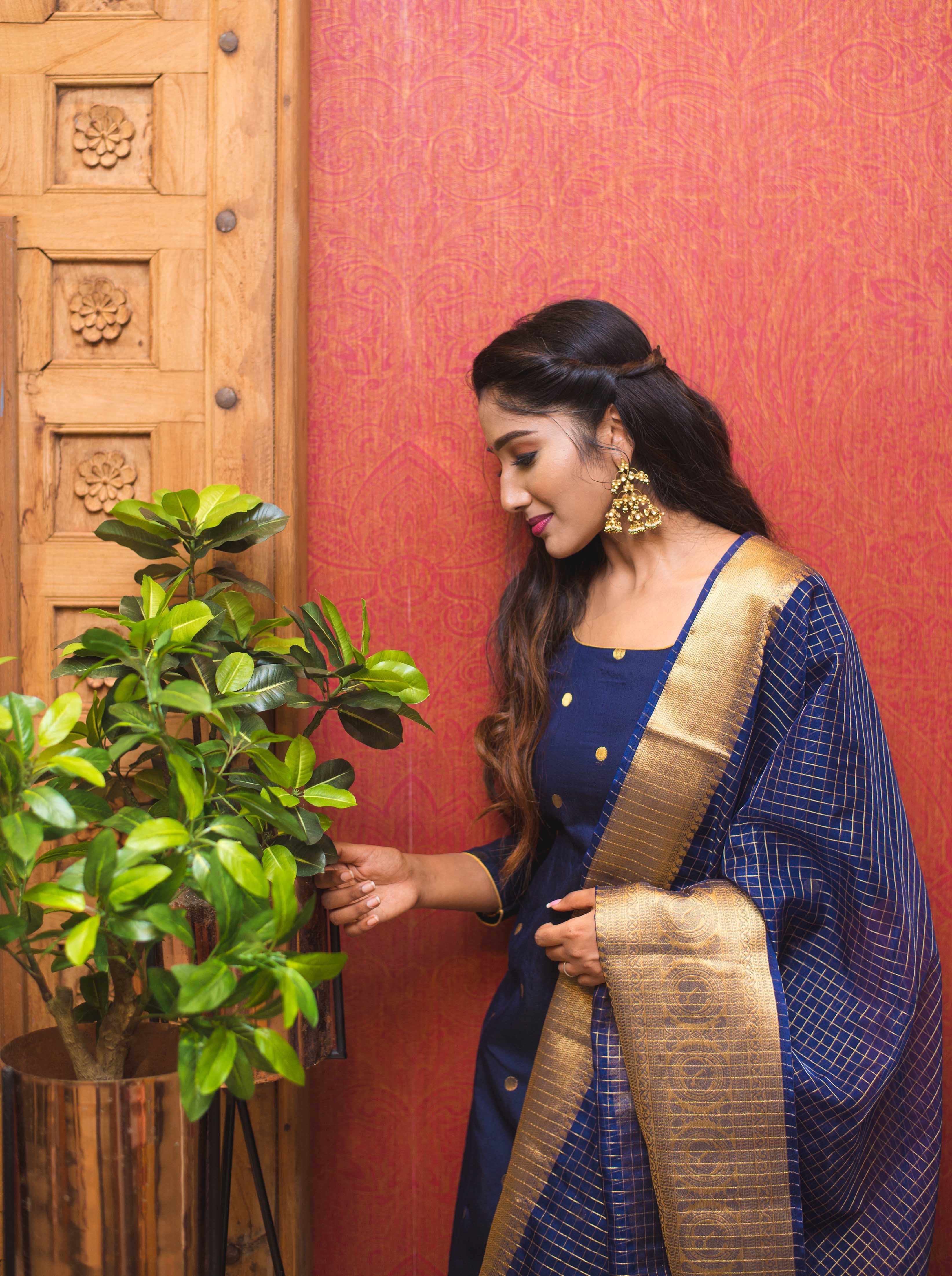 Navy Blue Designer Kurta Set for Women Festive Ethnic Wear with Zari Dupatta