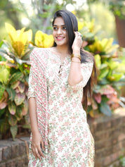 TheHandStitch Pastel Floral Printed Cotton Kurti Set with Dupatta Elegant Daily Wear Ethnic Outfit