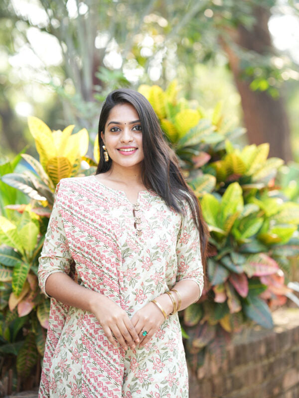TheHandStitch Pastel Floral Printed Cotton Kurti Set with Dupatta Elegant Daily Wear Ethnic Outfit
