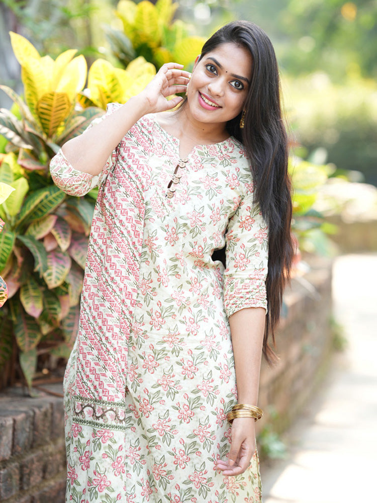 TheHandStitch Pastel Floral Printed Cotton Kurti Set with Dupatta Elegant Daily Wear Ethnic Outfit