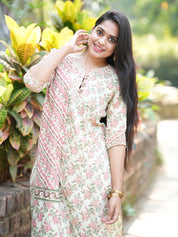 TheHandStitch Pastel Floral Printed Cotton Kurti Set with Dupatta Elegant Daily Wear Ethnic Outfit