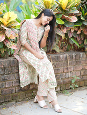TheHandStitch Pastel Floral Printed Cotton Kurti Set with Dupatta Elegant Daily Wear Ethnic Outfit