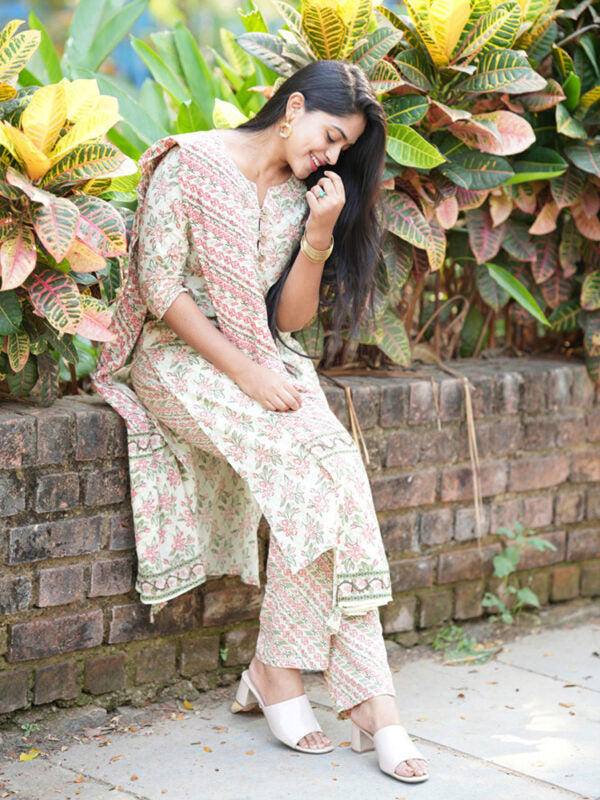 TheHandStitch Pastel Floral Printed Cotton Kurti Set with Dupatta Elegant Daily Wear Ethnic Outfit
