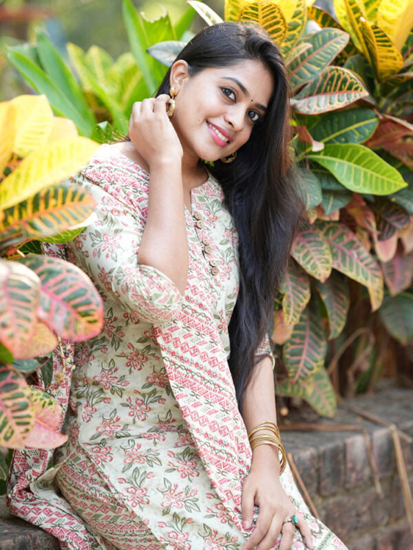 TheHandStitch Pastel Floral Printed Cotton Kurti Set with Dupatta Elegant Daily Wear Ethnic Outfit