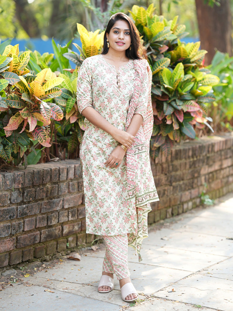 TheHandStitch Pastel Floral Printed Cotton Kurti Set with Dupatta Elegant Daily Wear Ethnic Outfit