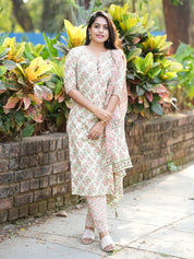 TheHandStitch Pastel Floral Printed Cotton Kurti Set with Dupatta Elegant Daily Wear Ethnic Outfit