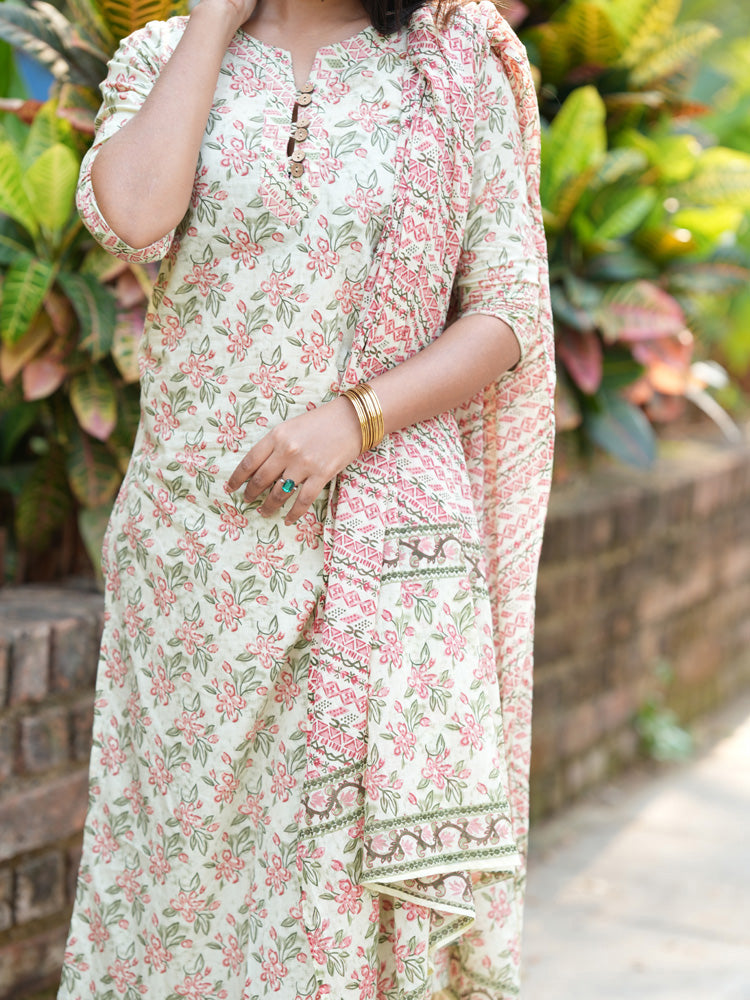 TheHandStitch Pastel Floral Printed Cotton Kurti Set with Dupatta Elegant Daily Wear Ethnic Outfit