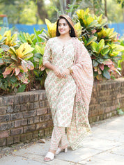 TheHandStitch Pastel Floral Printed Cotton Kurti Set with Dupatta Elegant Daily Wear Ethnic Outfit