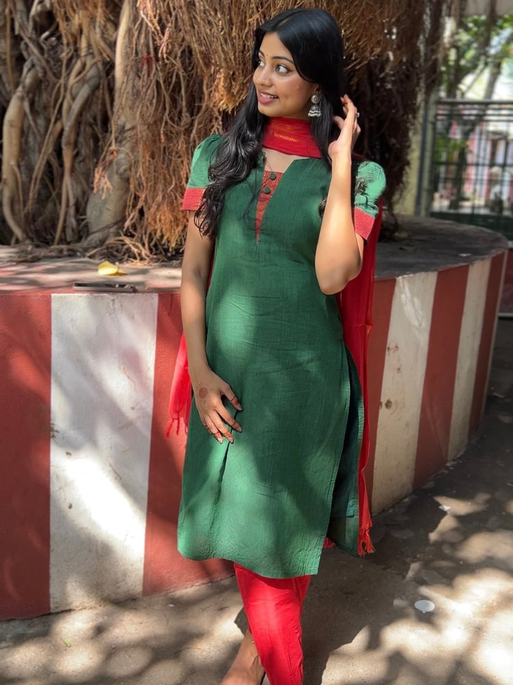 Emerald Green Kurta Set for Women Elegant Cotton Ethnic Wear with Dupatta