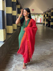 Emerald Green Kurta Set for Women Elegant Cotton Ethnic Wear with Dupatta