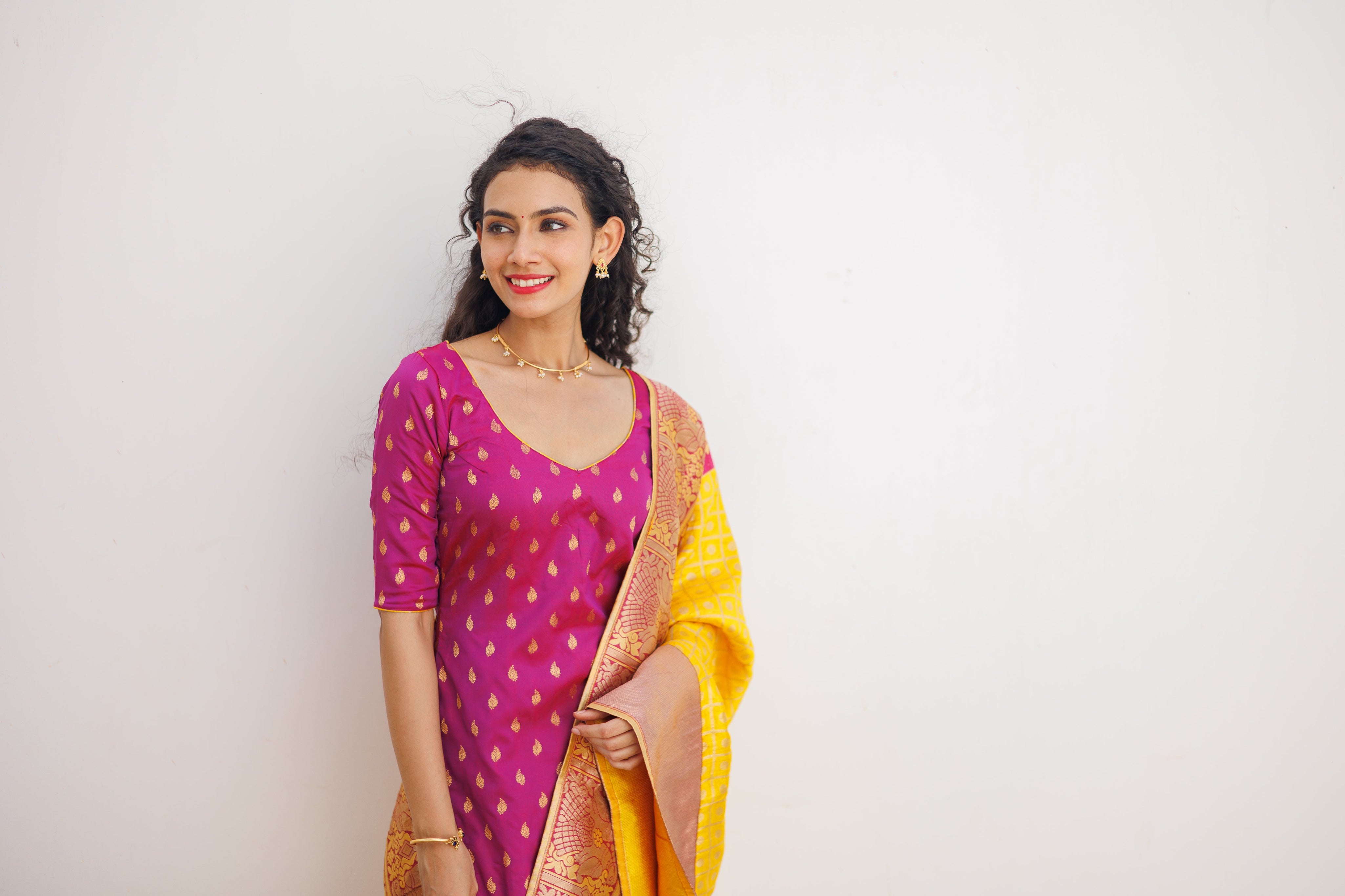 Pink Ethnic Kurta Set for Women with Yellow Banarasi Dupatta Festive Traditional Wear