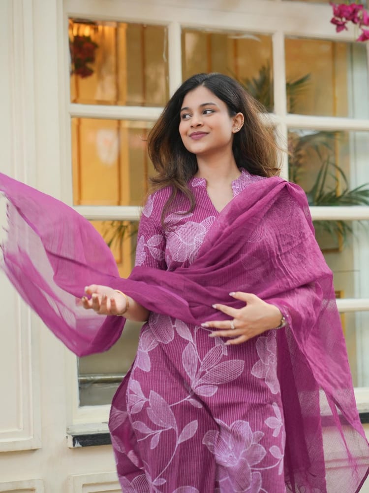 Lavender Bloom Printed Kurta Set for Women Elegant Floral Ethnic Wear