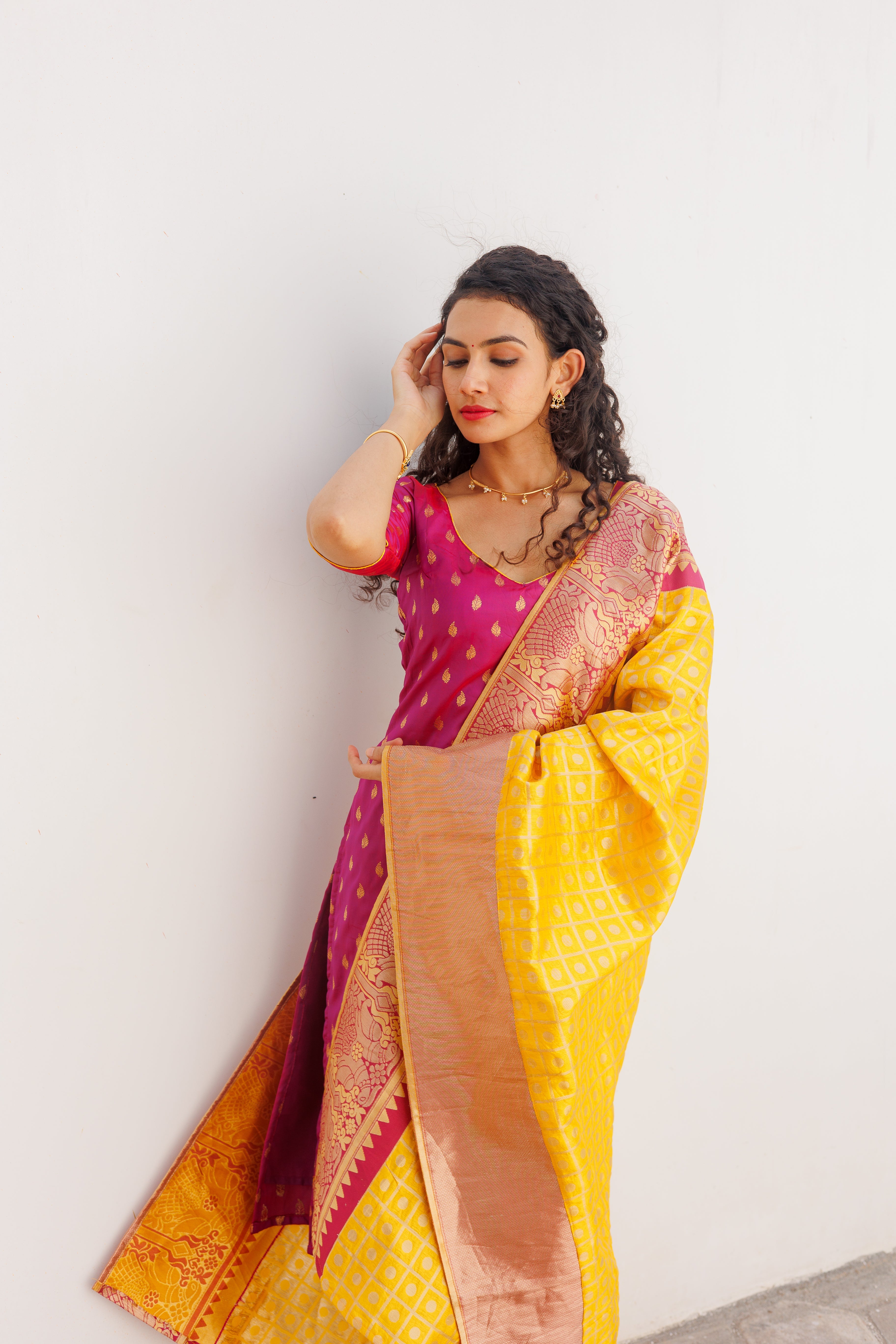 Pink Ethnic Kurta Set for Women with Yellow Banarasi Dupatta Festive Traditional Wear