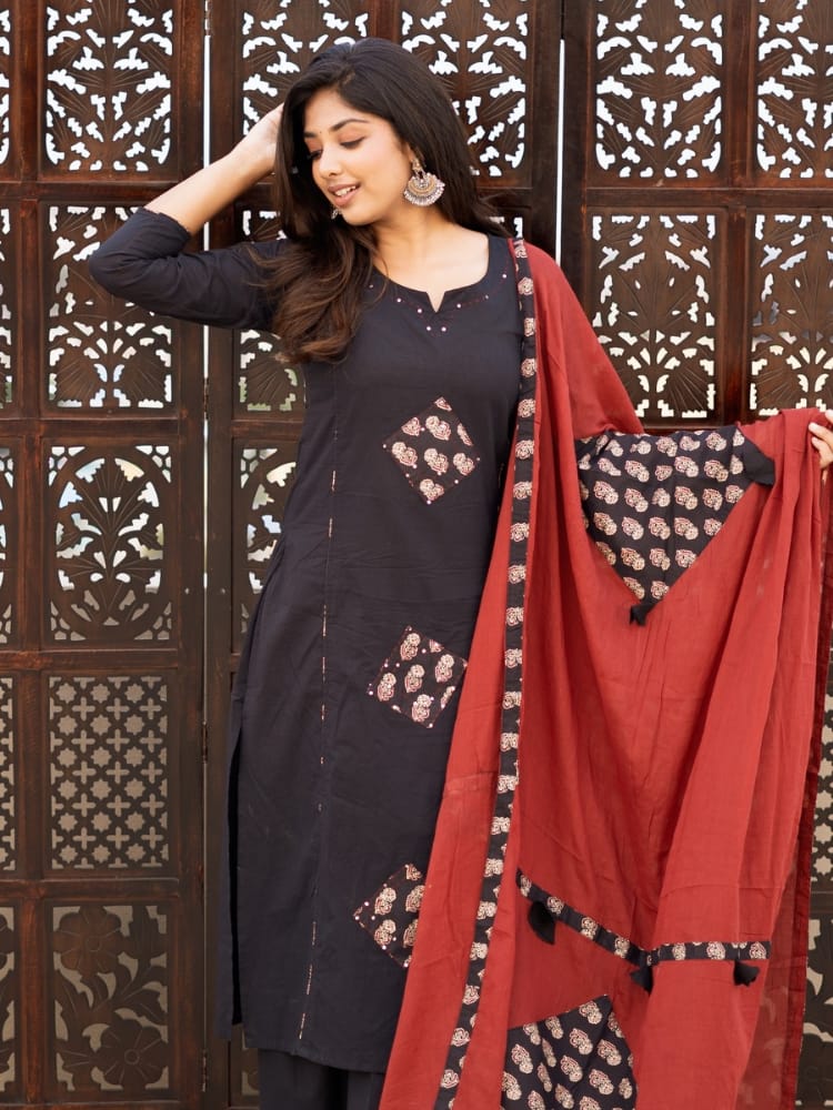 Noir Rust Ethnic Kurta Set for Women Elegant Black Kurta with Dupatta