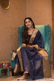 Navy Blue Designer Kurta Set for Women Festive Ethnic Wear with Zari Dupatta