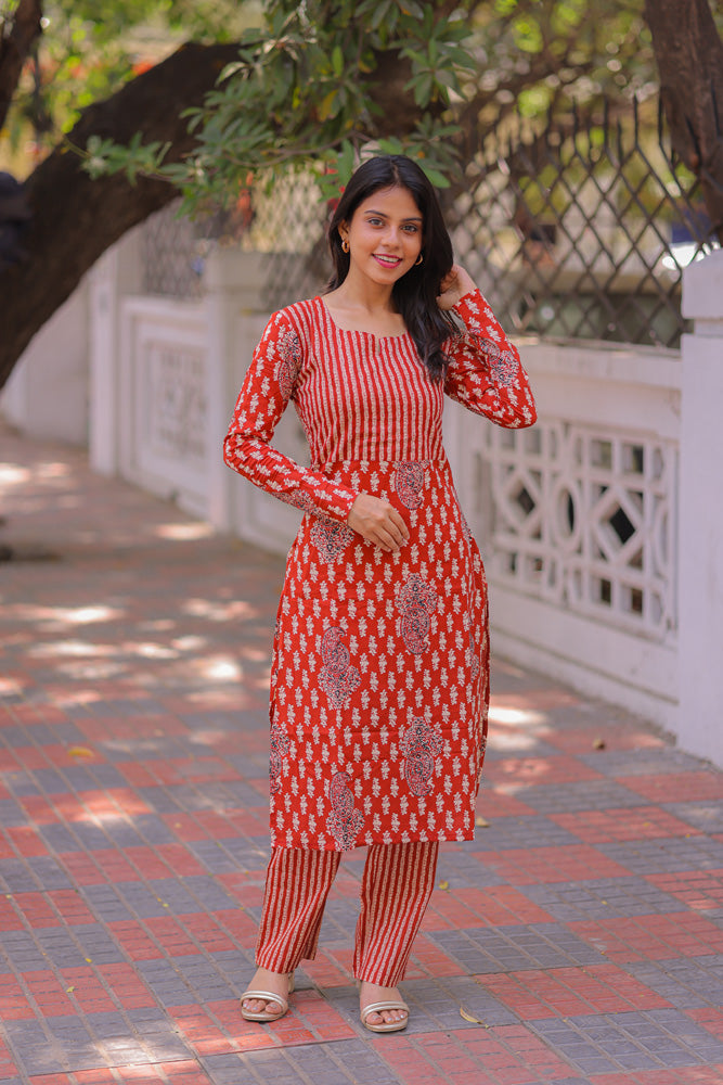 Rust Red Printed Kurta Pant Set for Women Elegant Cotton Ethnic Wear