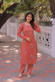 Rust Red Printed Kurta Pant Set for Women Elegant Cotton Ethnic Wear
