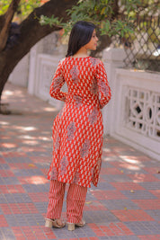 Rust Red Printed Kurta Pant Set for Women Elegant Cotton Ethnic Wear